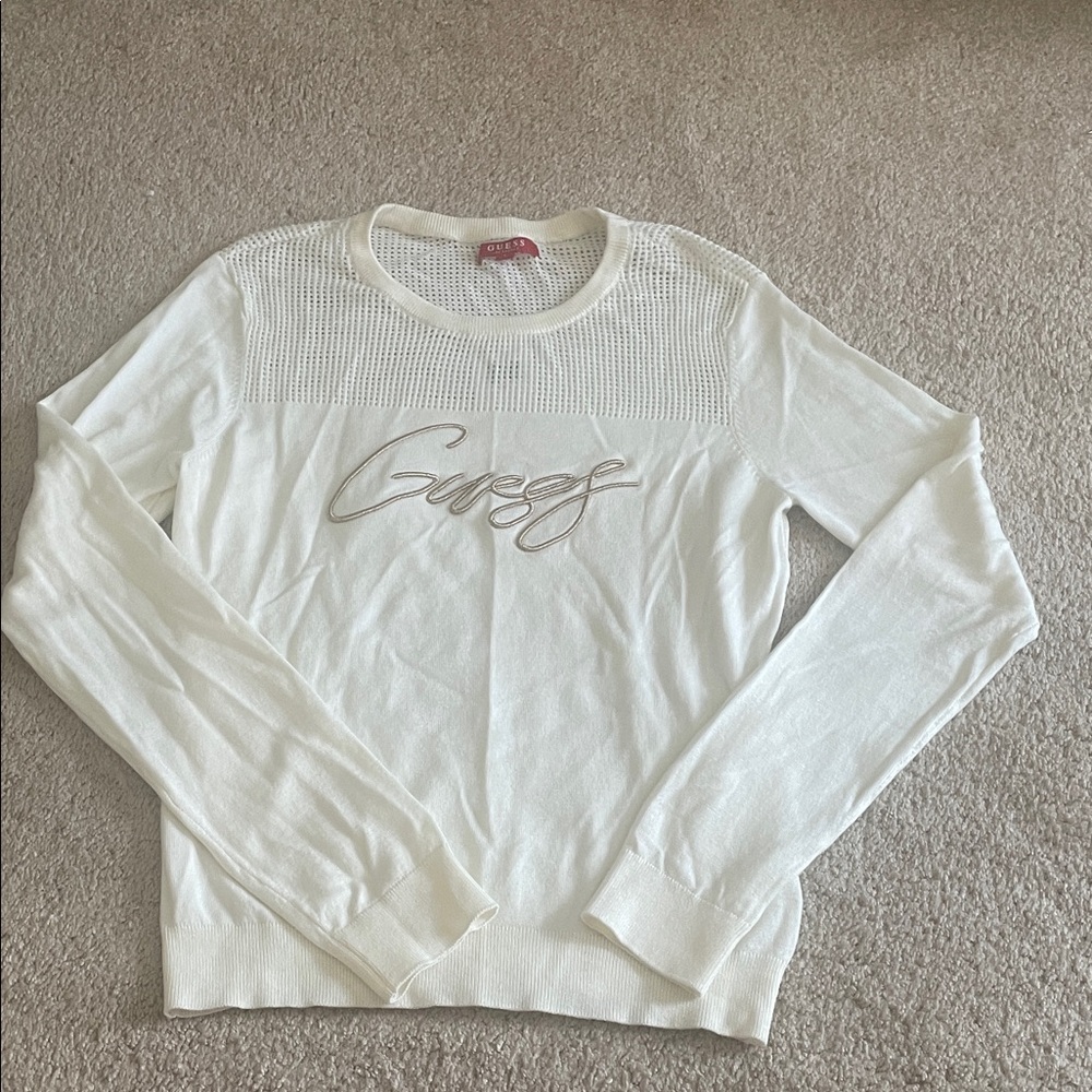 Guess Cream Crewneck Sweater with Script Logo